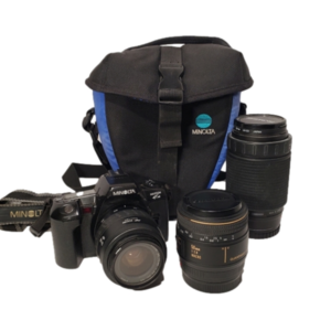 Minolta Maxxum HTsi 35mm SLR Camera with 3 Lenses and Camera Bag